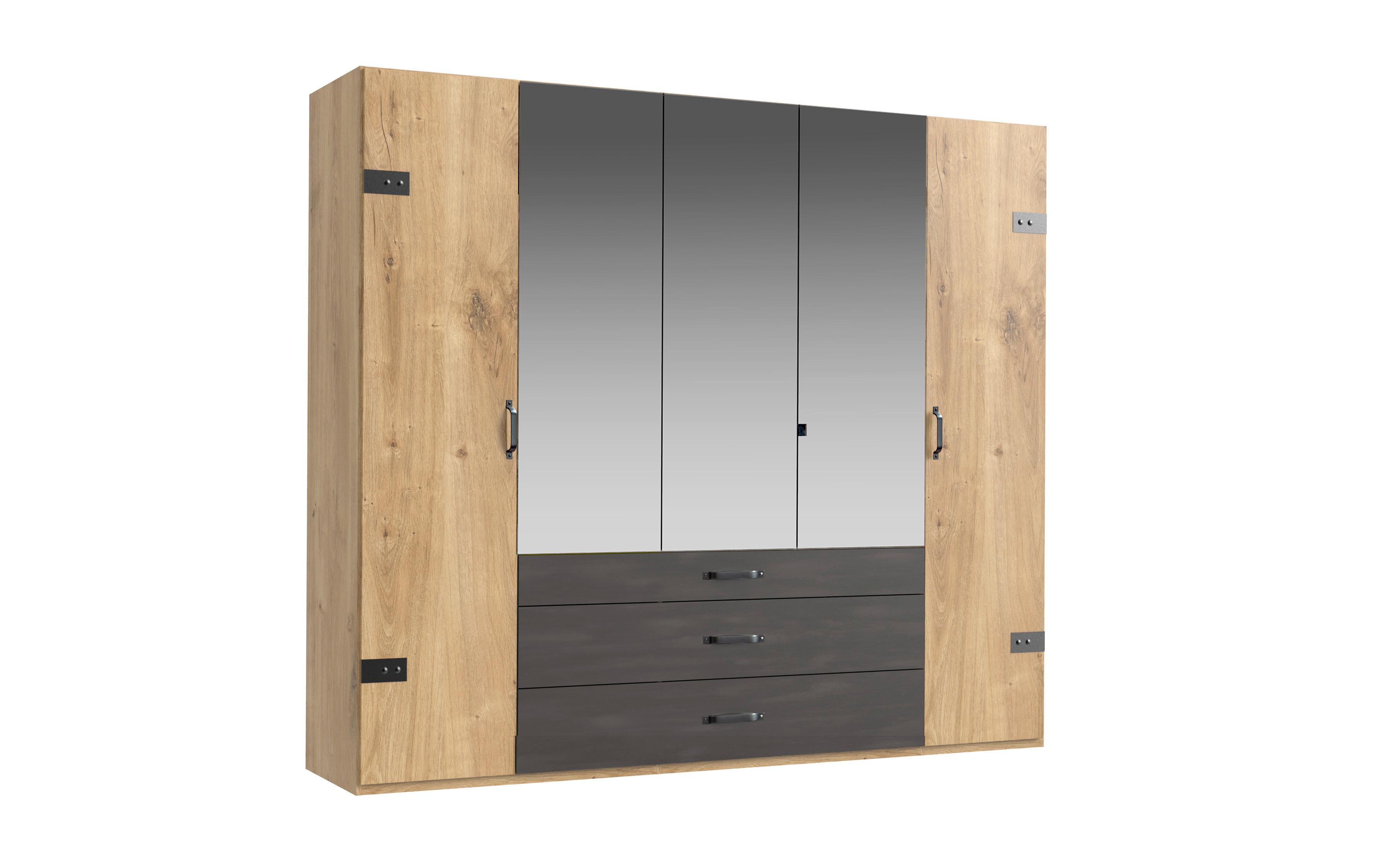 Drehtürenschrank mit Spiegel + Laden 250cm, Eiche/Graphit - Eichefarben/Silberfarben, Basics, Holzwerkstoff (250/216/58cm) - MID.YOU