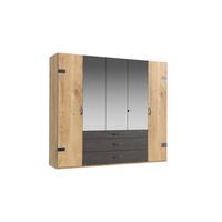 Drehtürenschrank mit Spiegel + Laden 250cm, Eiche/Graphit - Eichefarben/Silberfarben, Basics, Holzwerkstoff (250/216/58cm) - MID.YOU