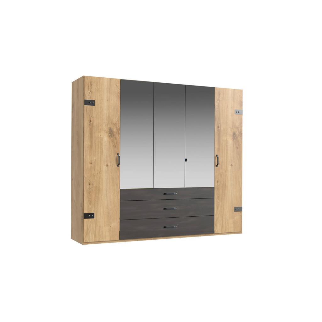 Drehtürenschrank mit Spiegel + Laden 250cm, Eiche/Graphit