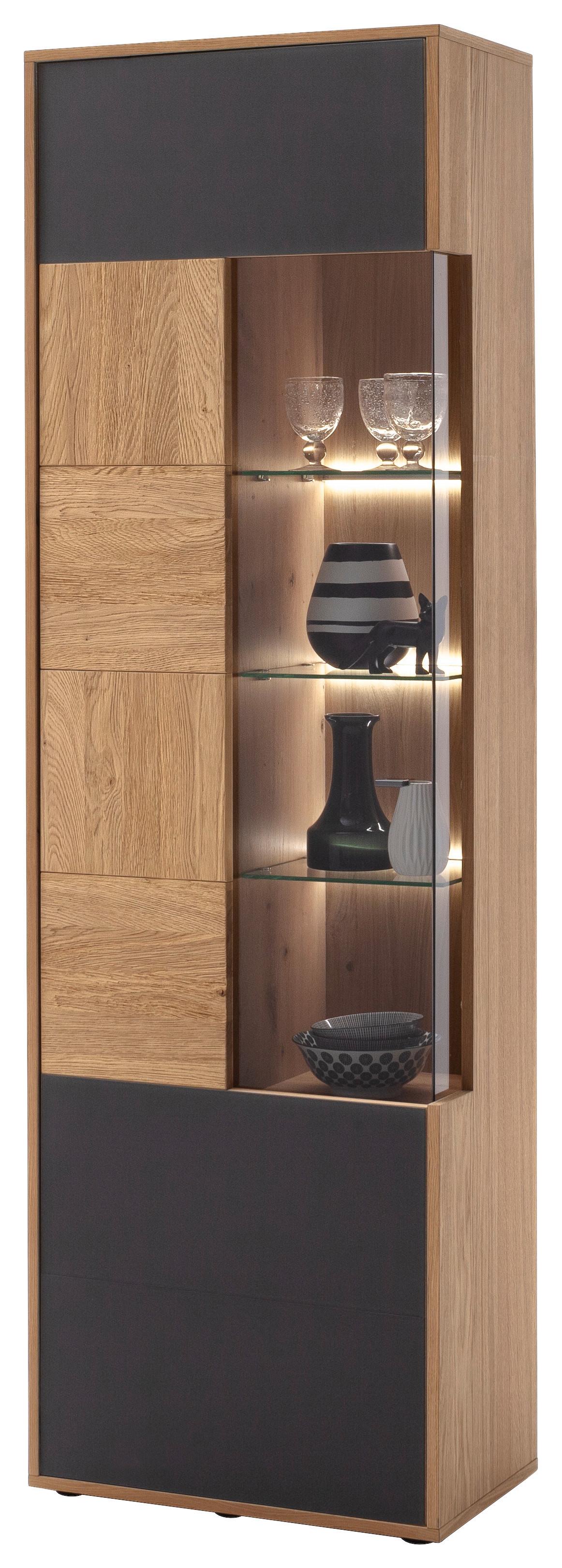 Vitrine Valencia B: 64 cm teilmassiv Anthrazit/Eiche - Eiche Bianco/Anthrazit, Design, Glas/Holz (64/207/37cm) - MID.YOU