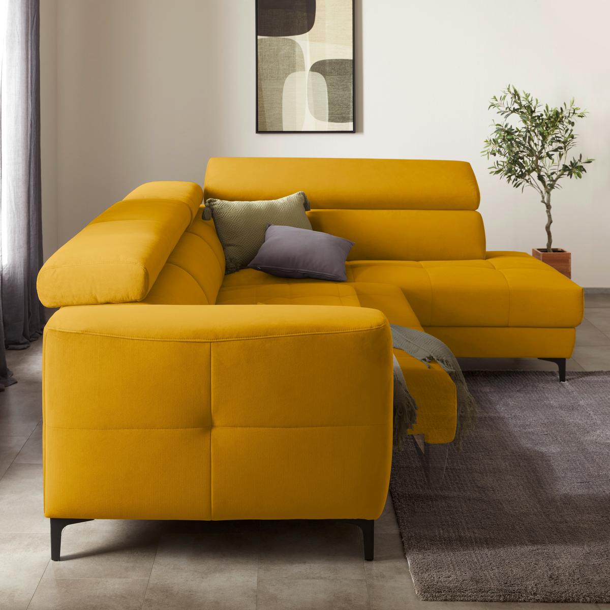 Rohová sedačka EMMA, pravá, žlutá,op.hl.,USB,el.výsuv - černá/žlutá, Moderní, textil (301/210cm) - Premium Living