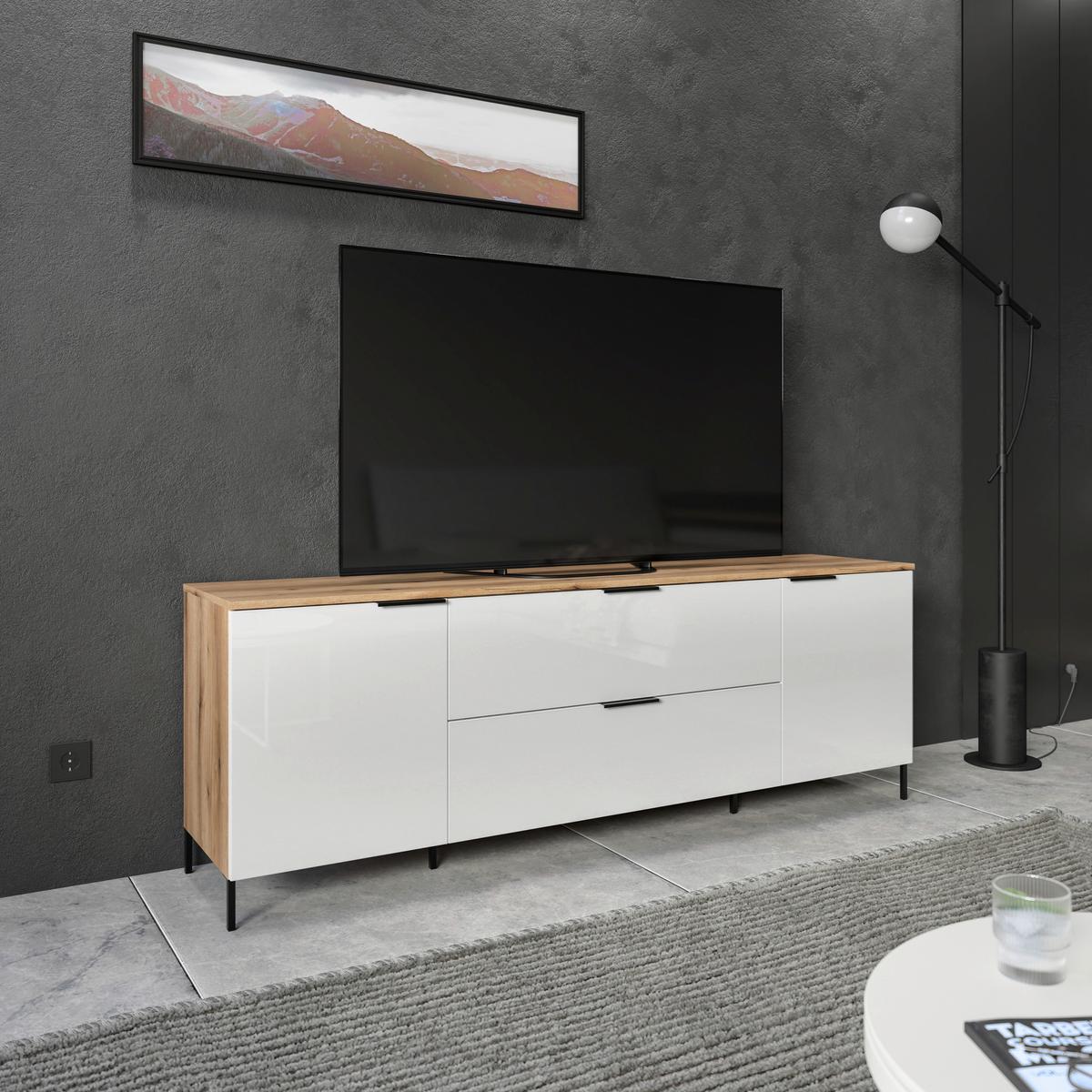 TV-Lowboard Austin 180 cm Eichefarben/Glasfront Weiss - Eichefarben/Schwarz, Trend, Glas/Holzwerkstoff (180/63/40cm)