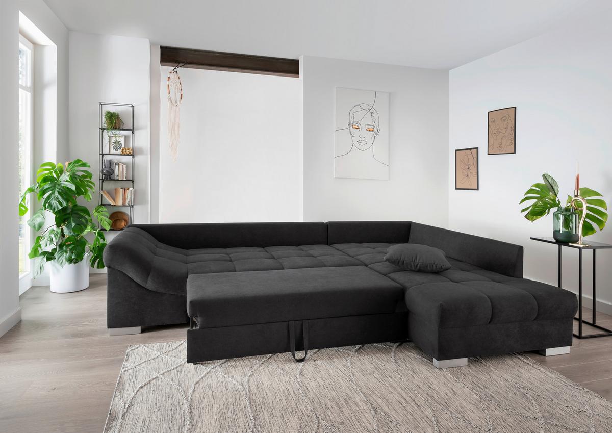 Eckschlafsofa Alvito Schwarz S: 298/202 cm - Silberfarben/Schwarz, Design, Textil (298/202cm) - MID.YOU