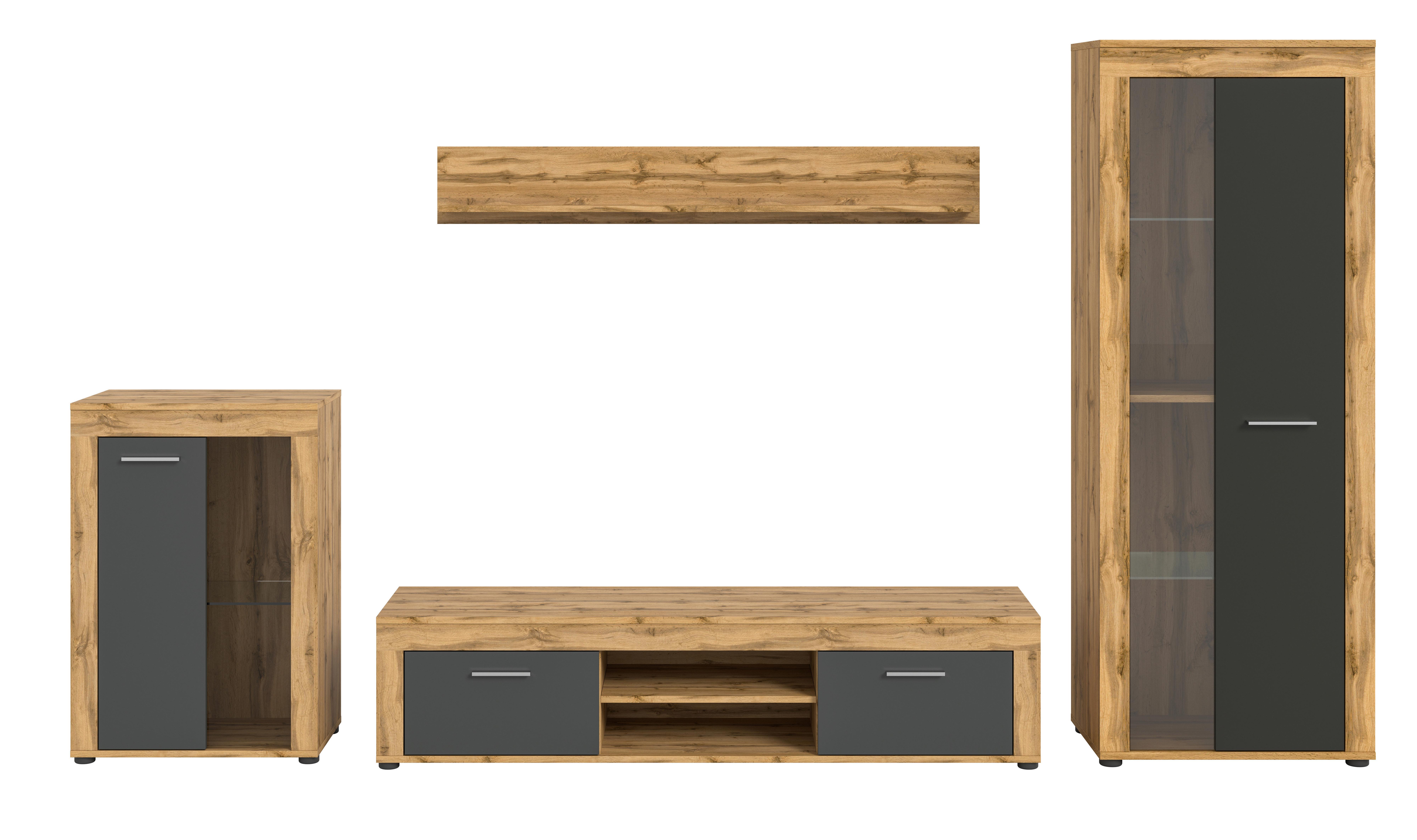 Wohnwand Jam Eiche Wotan Dekor B: 310cm - Eiche Wotan/Schwarz, Design, Glas/Holzwerkstoff (310/169/35cm) - MID.YOU