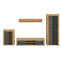 Wohnwand Jam Eiche Wotan Dekor B: 310cm - Eiche Wotan/Schwarz, Design, Glas/Holzwerkstoff (310/169/35cm) - MID.YOU