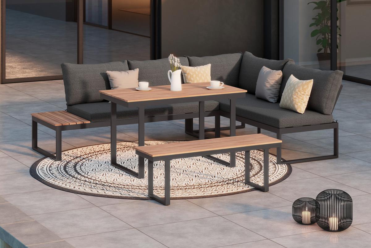 Loungegarnitur 3-Tlg Bern Metall/Kunststoff mit Kissen - Dunkelgrau/Anthrazit, MODERN, Kunststoff/Textil (254/184cm) - Beldano