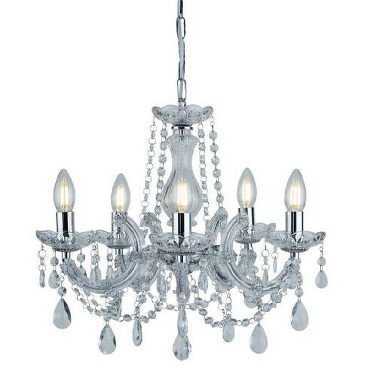 Kronleuchter 5-flammig, Chromfarben, Metall, Dimmbar - Chromfarben, KONVENTIONELL, Glas/Kunststoff (48/120cm)