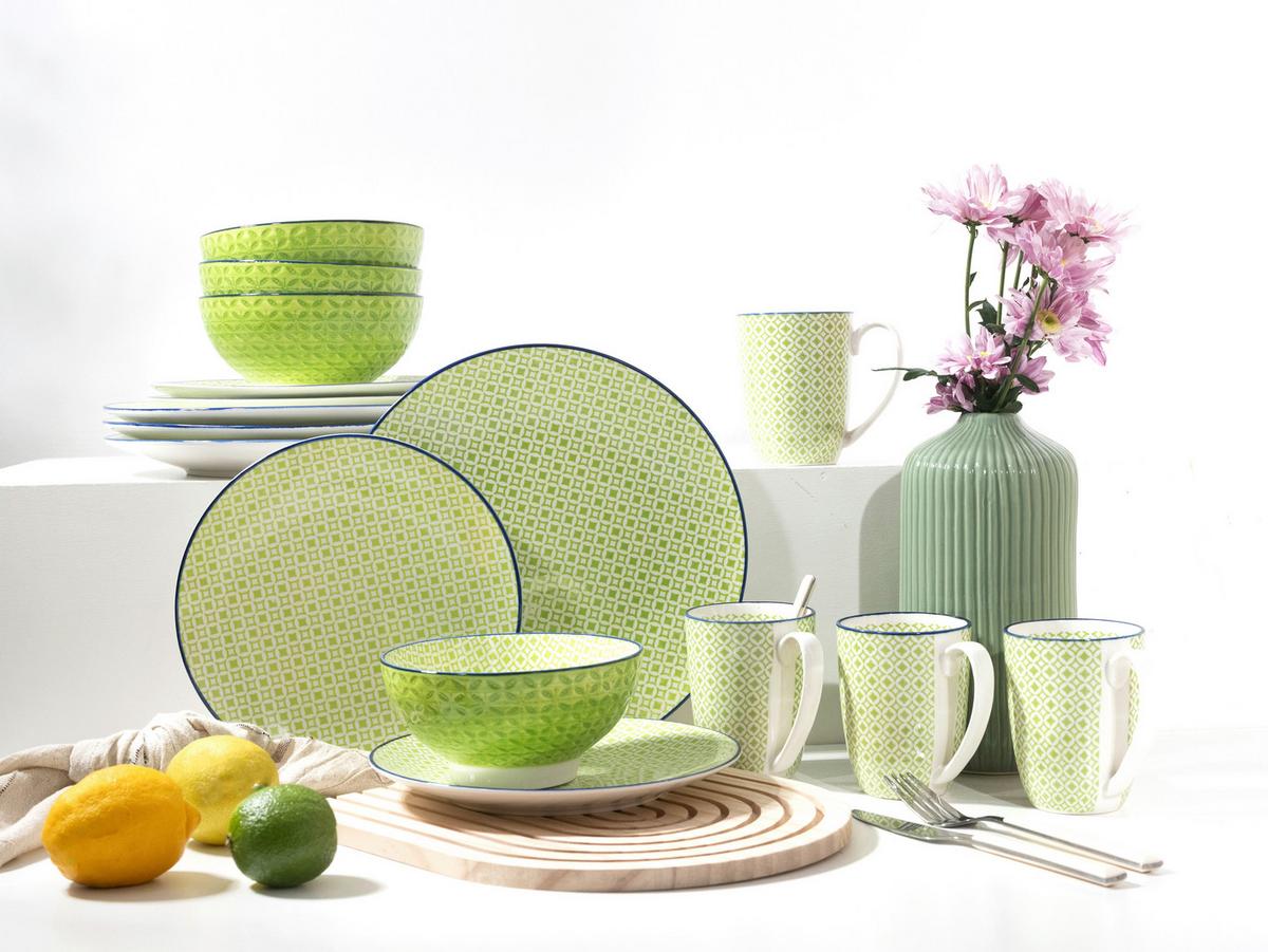 Kombiservice, 16-Teilig für 4 Personen, Steinzeug - Weiß/Hellgrün, Basics, Keramik - Creatable