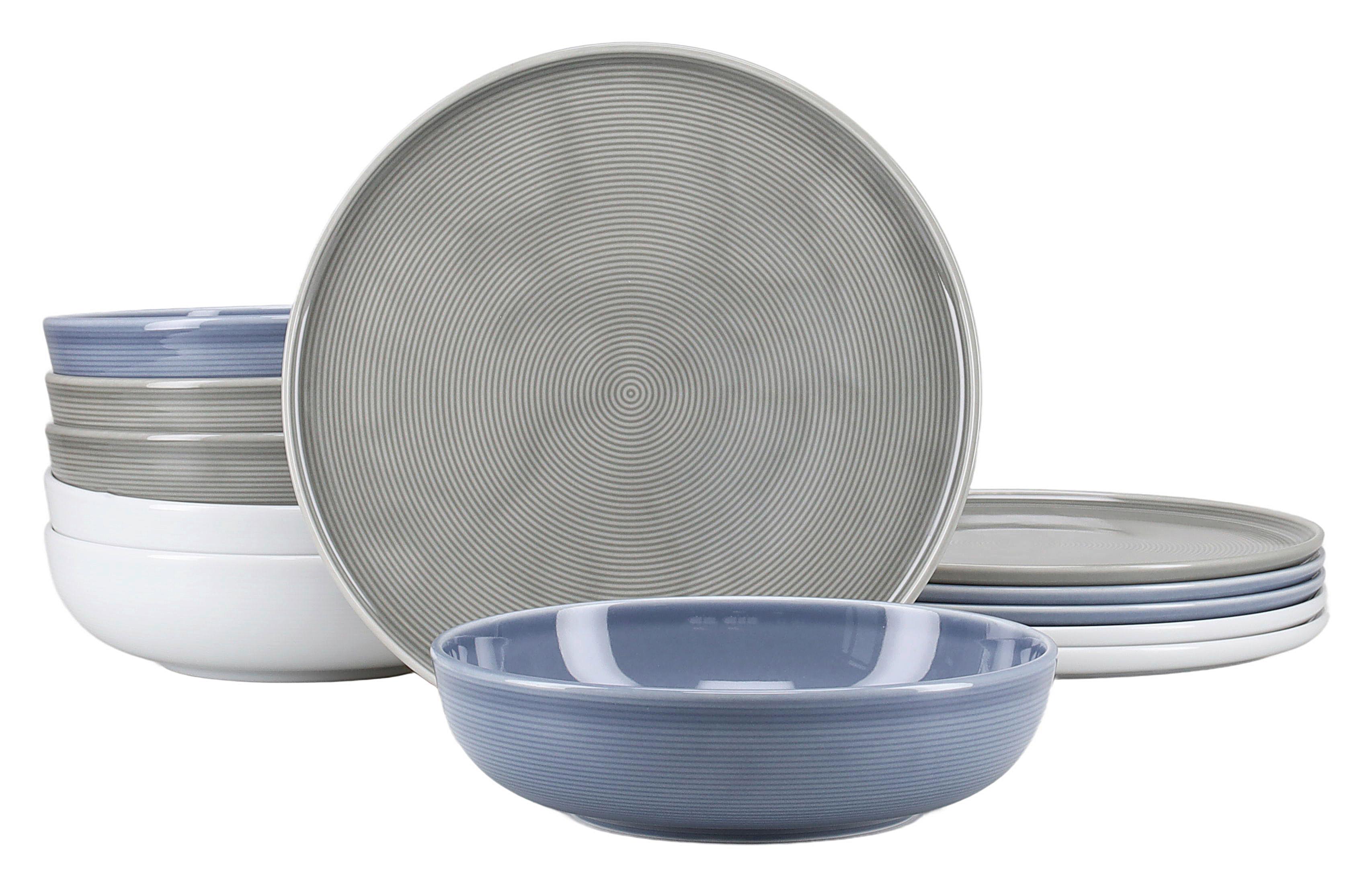 Tafelservice 12-teilig. Porzellan, multicolor - Graublau/Weiß, Basics, Keramik - Creatable