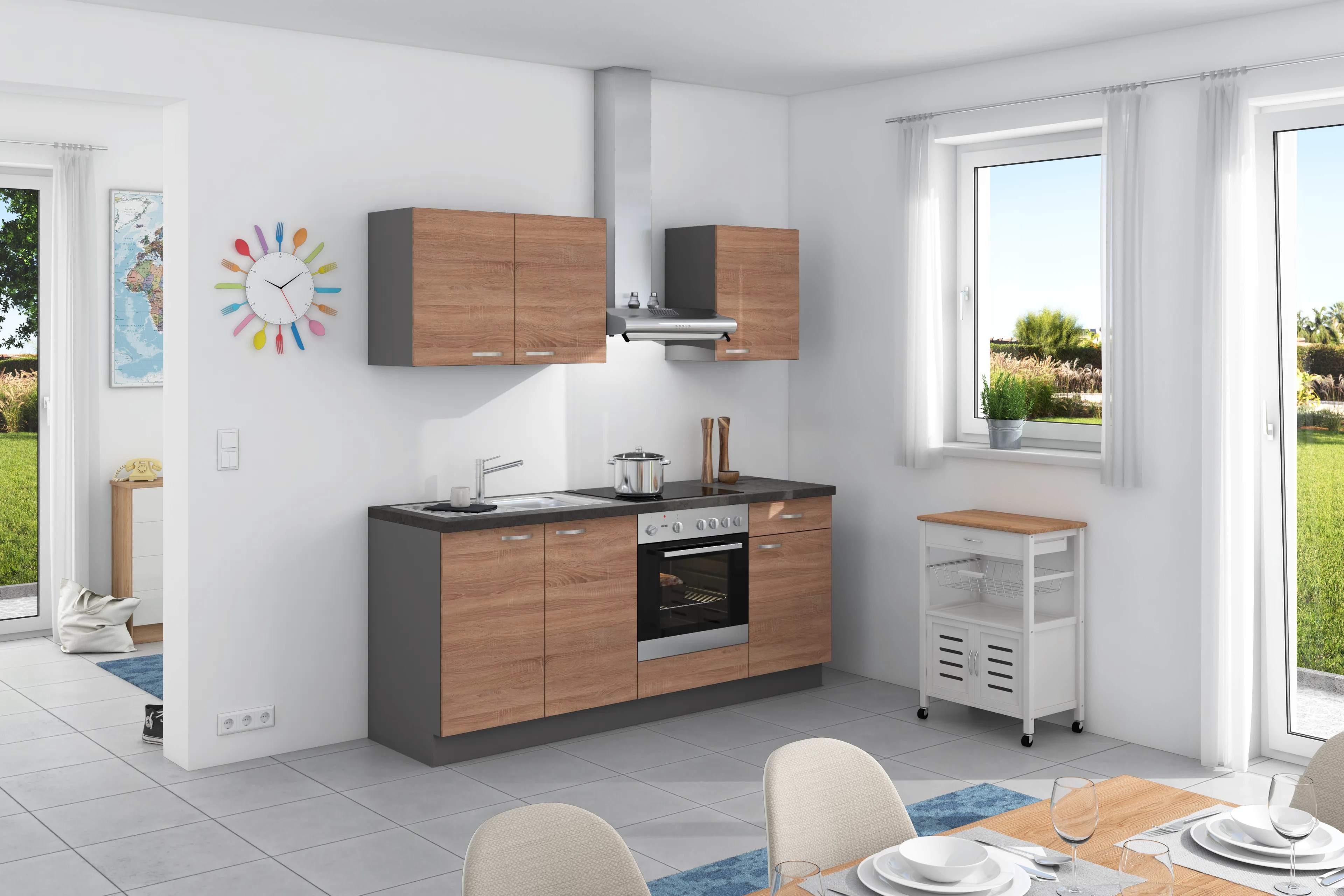 Küchenzeile Plan ohne Geräte ohne Geräte B: 200 cm - Eichefarben/Anthrazit, Design, Holzwerkstoff (200cm) - Express