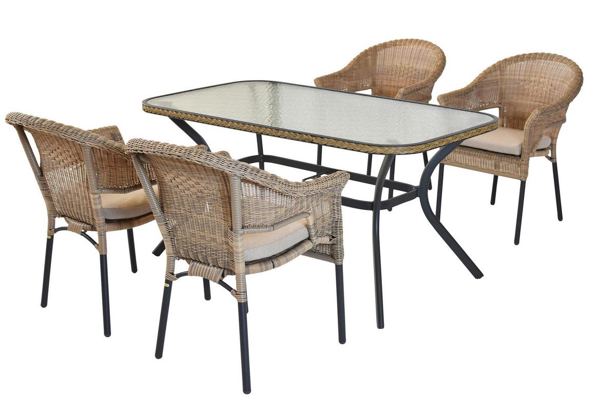 Gartentischgruppe Ravenna 5tlg. Set Inkl. Sitzkissen - Beige/Graphitfarben, KONVENTIONELL, Glas/Kunststoff - Gardenson