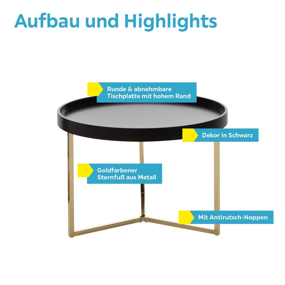 Couchtisch Rund + Abnehmbarer Tischplatte Eva, Schwarz/gold - Goldfarben/Schwarz, Design, Holz/Holzwerkstoff (58,5/58,5/42cm) - MID.YOU
