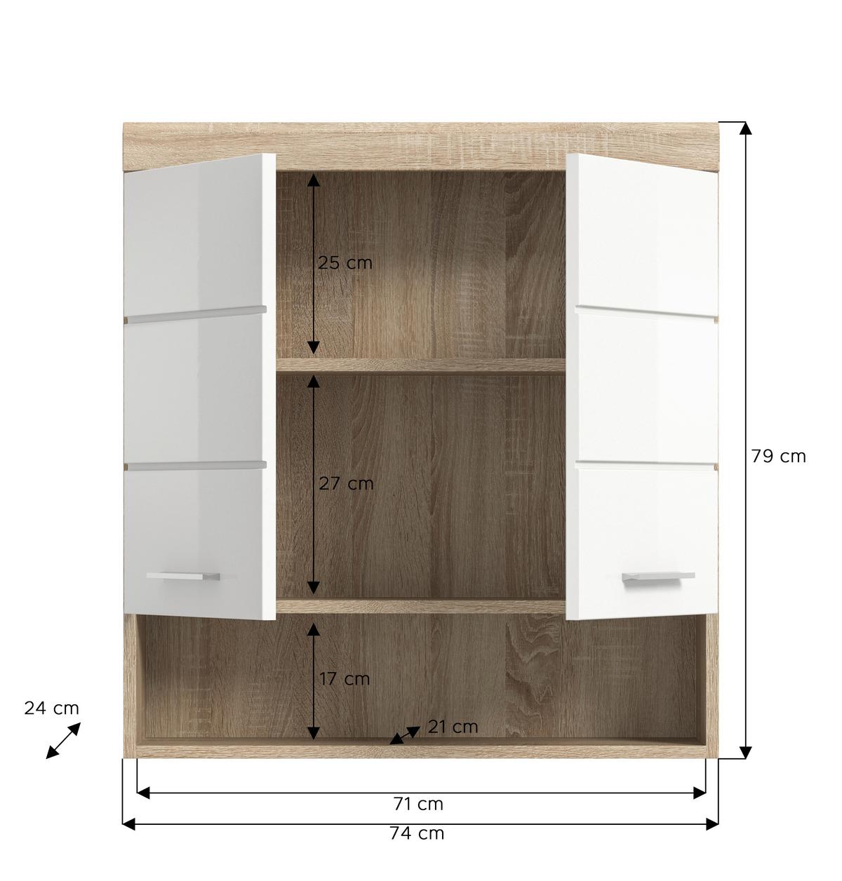 Hängeschrank Lambada Eiche Dekor/Weiß B: 74 cm - Weiß Hochglanz/Eichefarben, MODERN, Holzwerkstoff (74/79/24cm) - MID.YOU