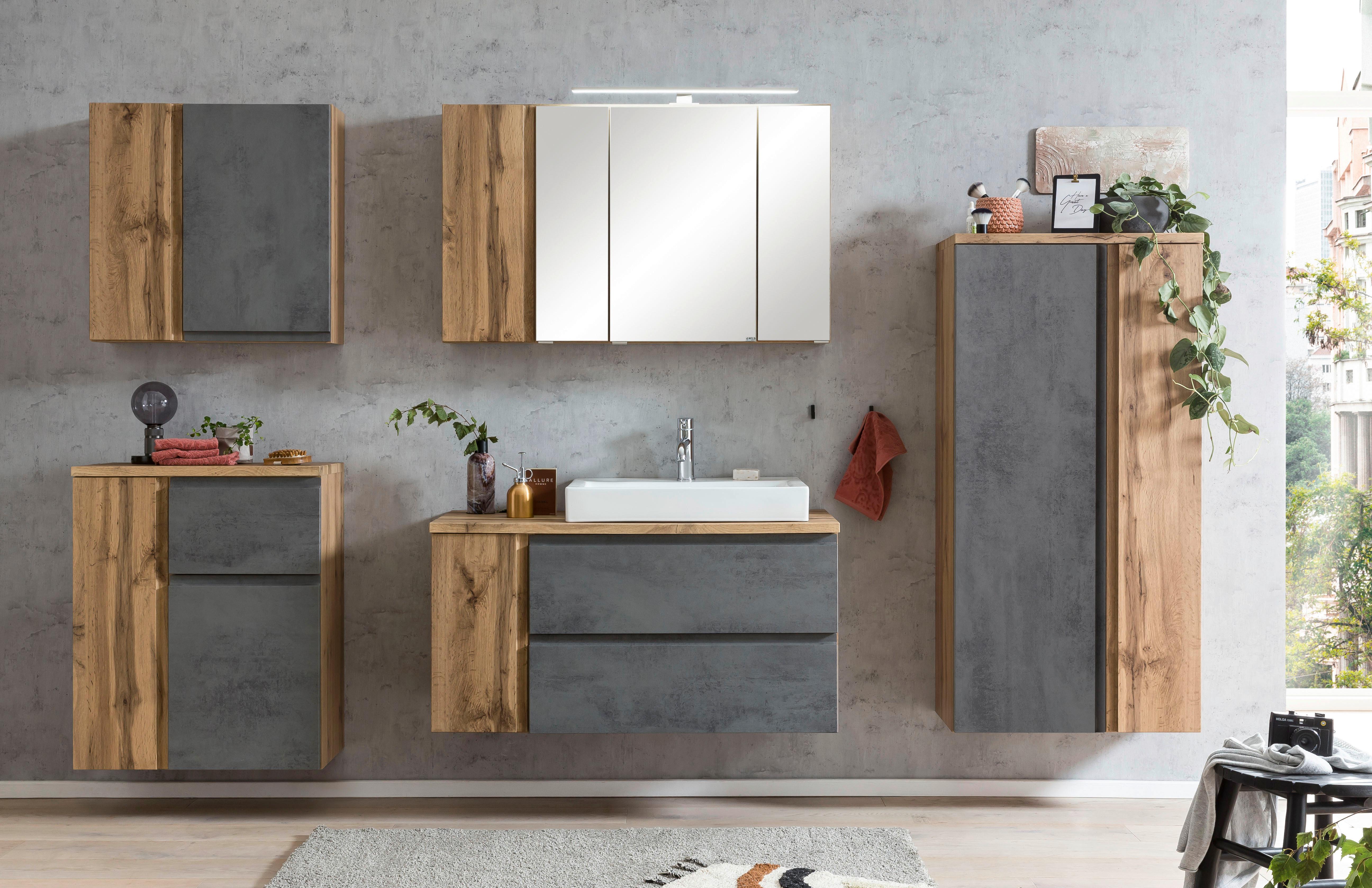 Midischrank Bad Landos BxH 65x130 cm Eiche Wotan - Eiche Wotan/Hellgrau, MODERN, Holzwerkstoff (65/130/35cm) - Held