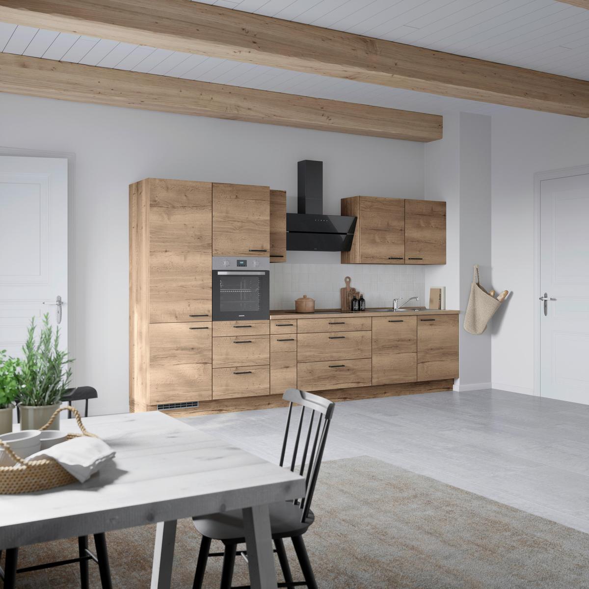 Kuchyňská linka 360 cm, dekor dub Havanna - černá/tmavý dub, Moderní, kov/kompozitní dřevo (360cm) - Nobilia