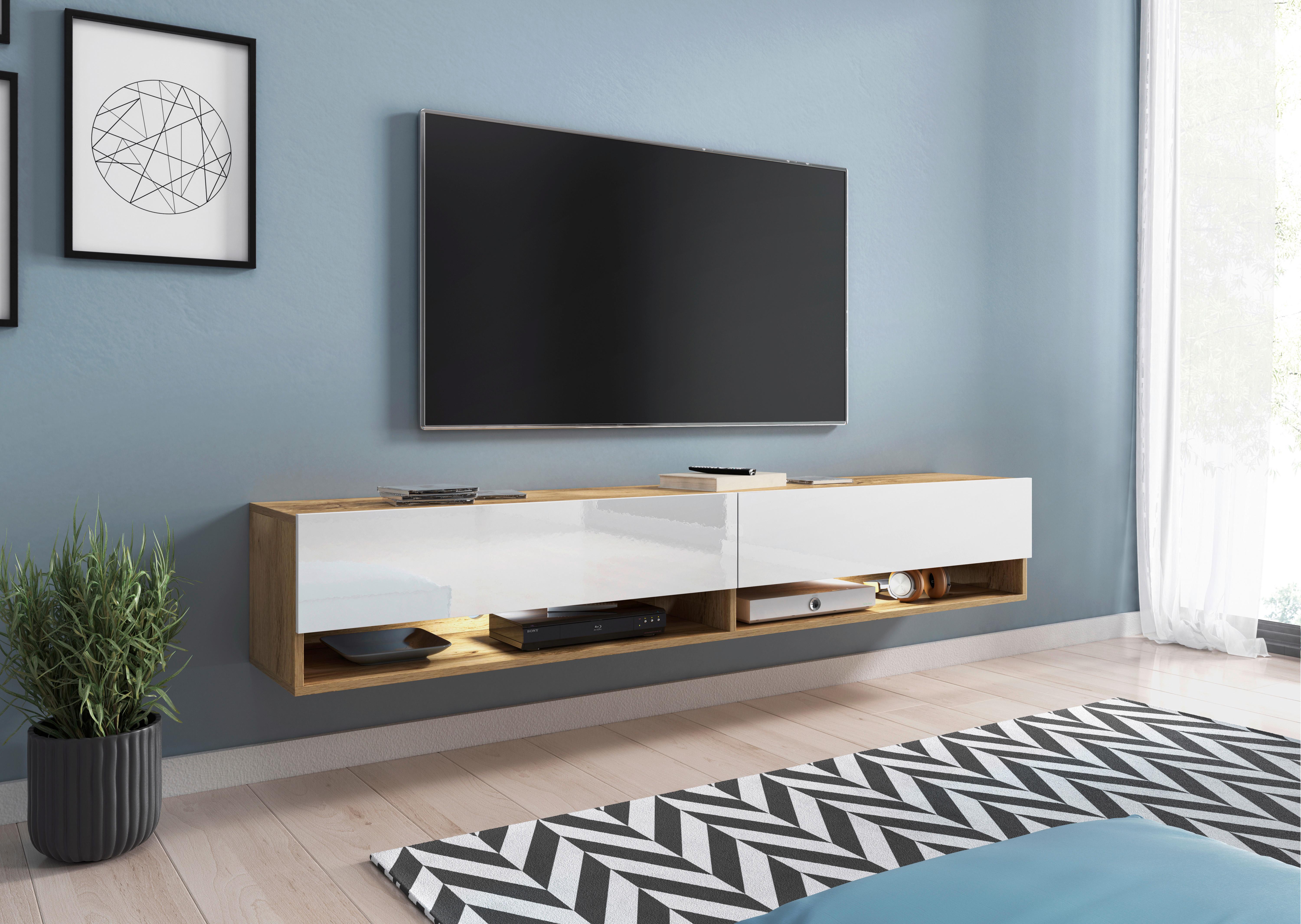 Tv-lowboard Eiche Wotan B: 180 Cm Weiß/eichefarben - Weiß Hochglanz/Eiche Wotan, LIFESTYLE, Holzwerkstoff (180/30/32cm) - P & B