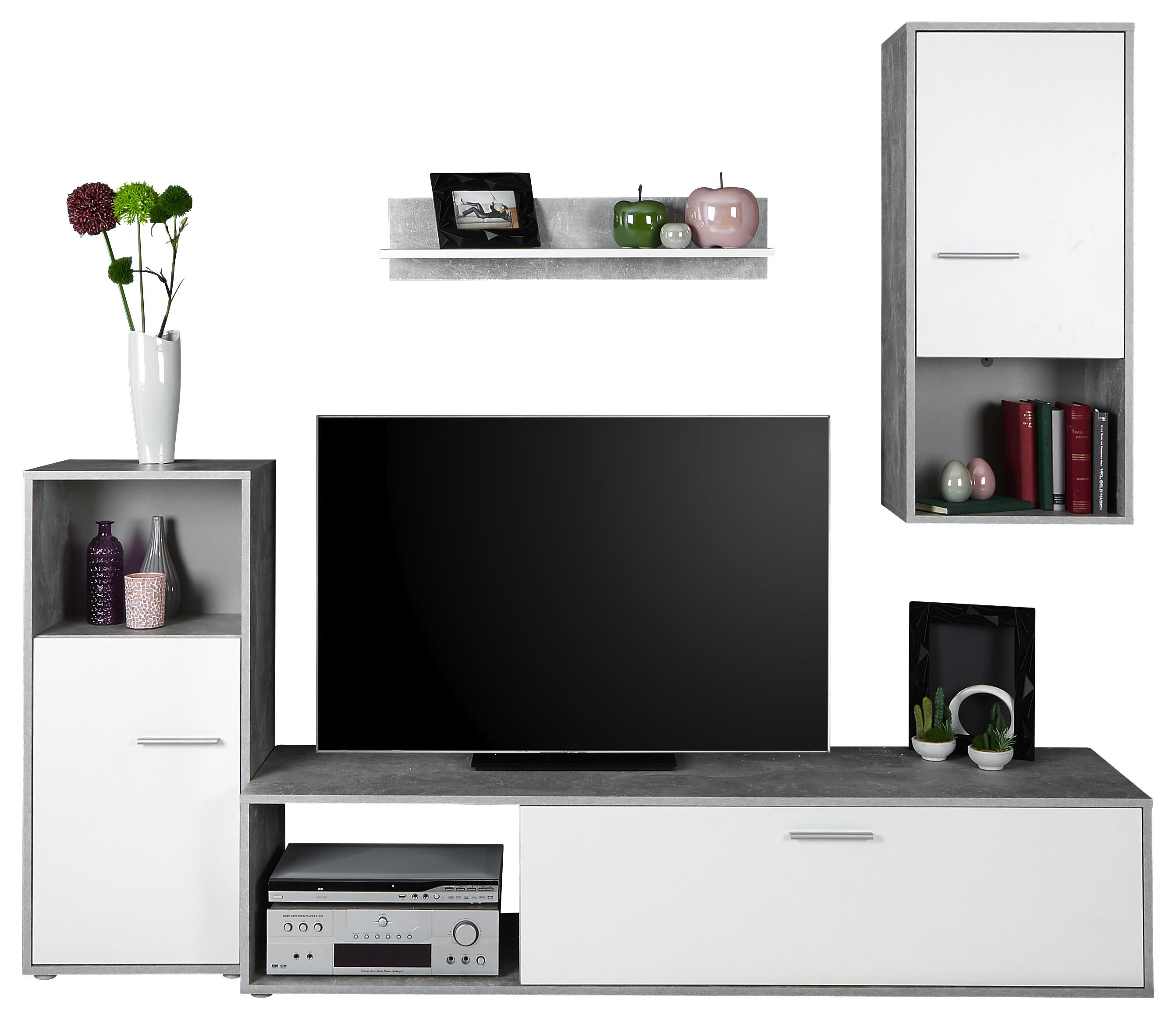 Wohnwand Aran B:221cm Betonoptik/ Perlweiß Dekor - Hellgrau/Schwarz, MODERN, Holzwerkstoff (221/183,5/40cm)