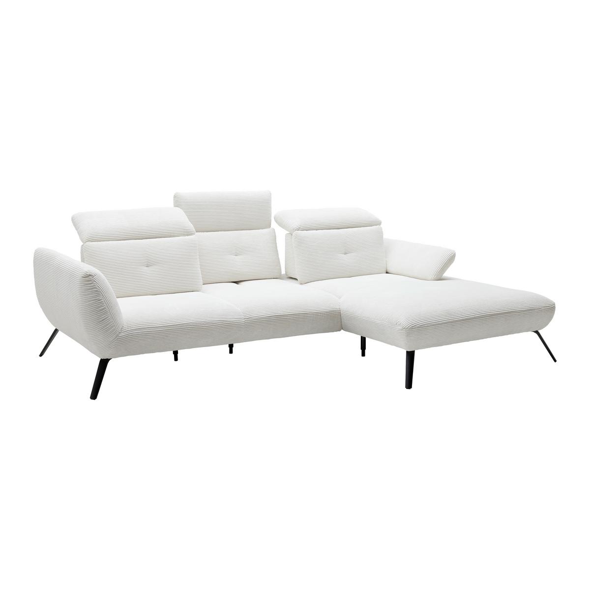 Sedačka SEATTLE, pravá, bílý manšestr, bez polštářů - bílá/černá, Moderní, kov/kompozitní dřevo (301/196cm) - Premium Living