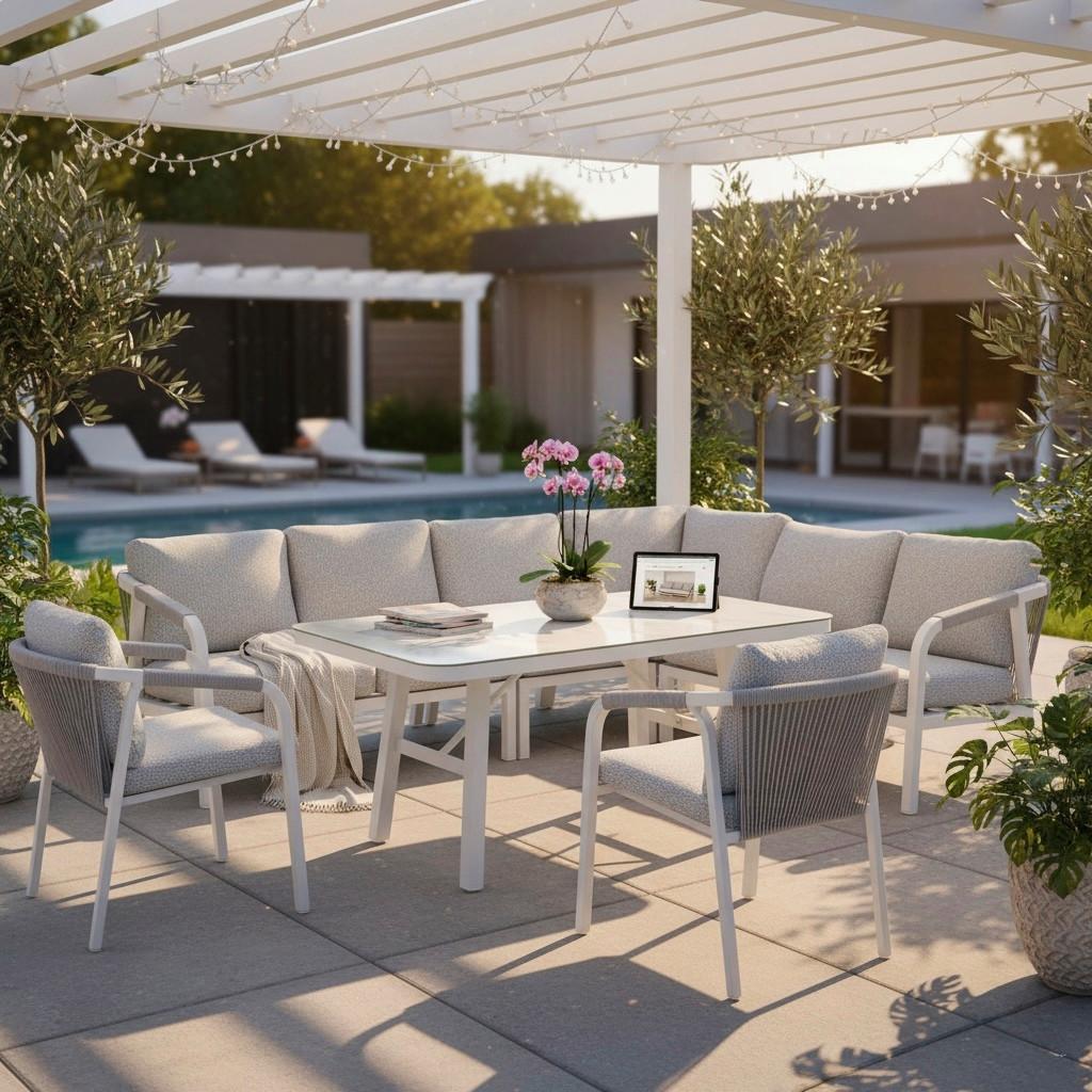 DINING-LOUNGESET HARVEY XL - Weiß/Grau, MODERN, Glas/Textil - Gardenson
