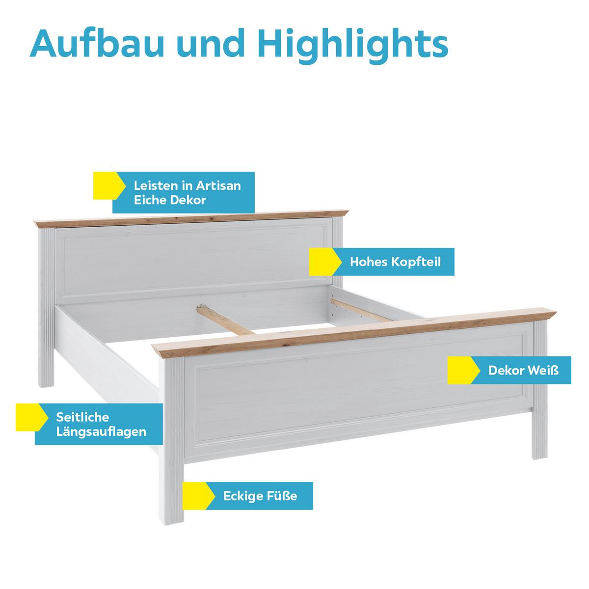 Doppelbett Landhaus-stil 180x200 Jasmin Ii Weiß/eiche - Schwarz/Weiß, LIFESTYLE, Holzwerkstoff (180/200cm)