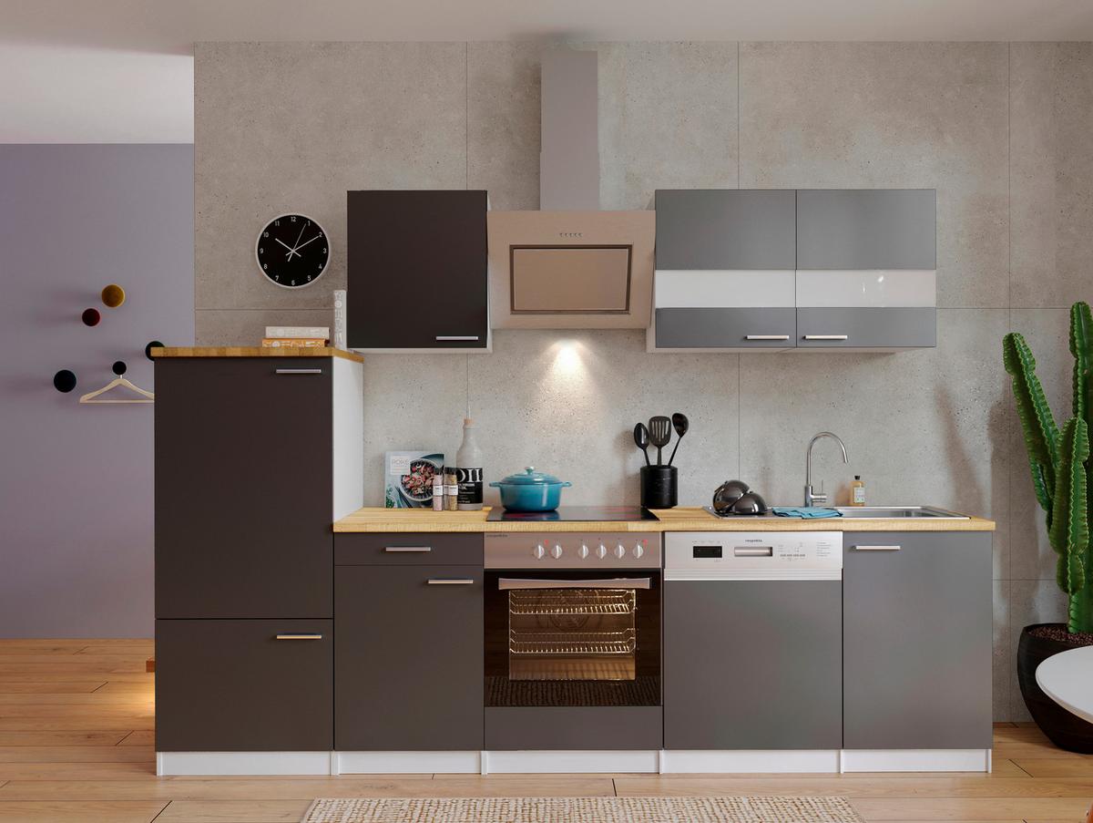 Küchenzeile Economy M. Geräten 280 Cm Grau/nussbaum Dekor - Nussbaumfarben/Weiß, Basics, Holzwerkstoff (280cm) - Respekta
