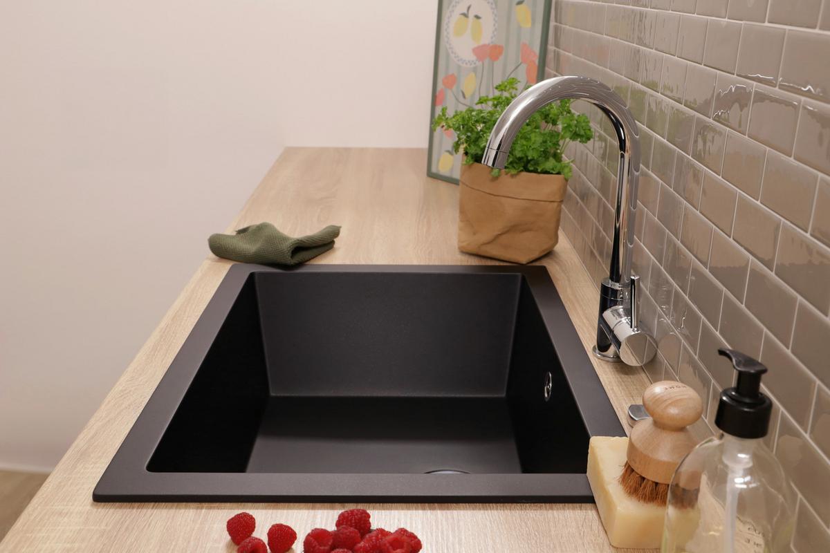 SPÜLE Nelson, Schwarz B: 60 cm - Schwarz, Trend, Stein (60/22/47,5cm) - Respekta