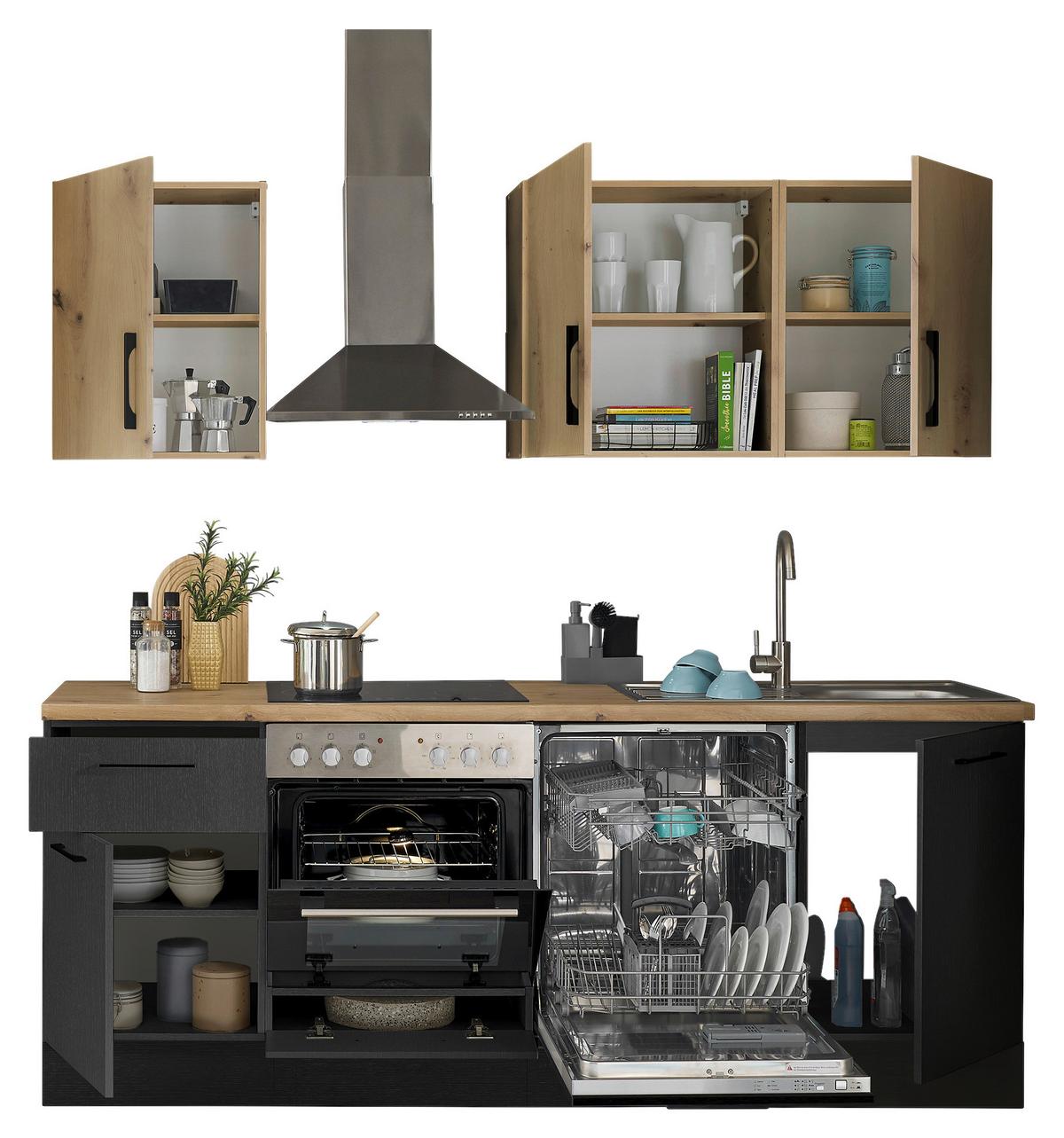 Kuchynská linka TURIN bez spotrebičov, šírka 220 cm - čierna/dub artisan, Modern, kov/kompozitné drevo (220cm)