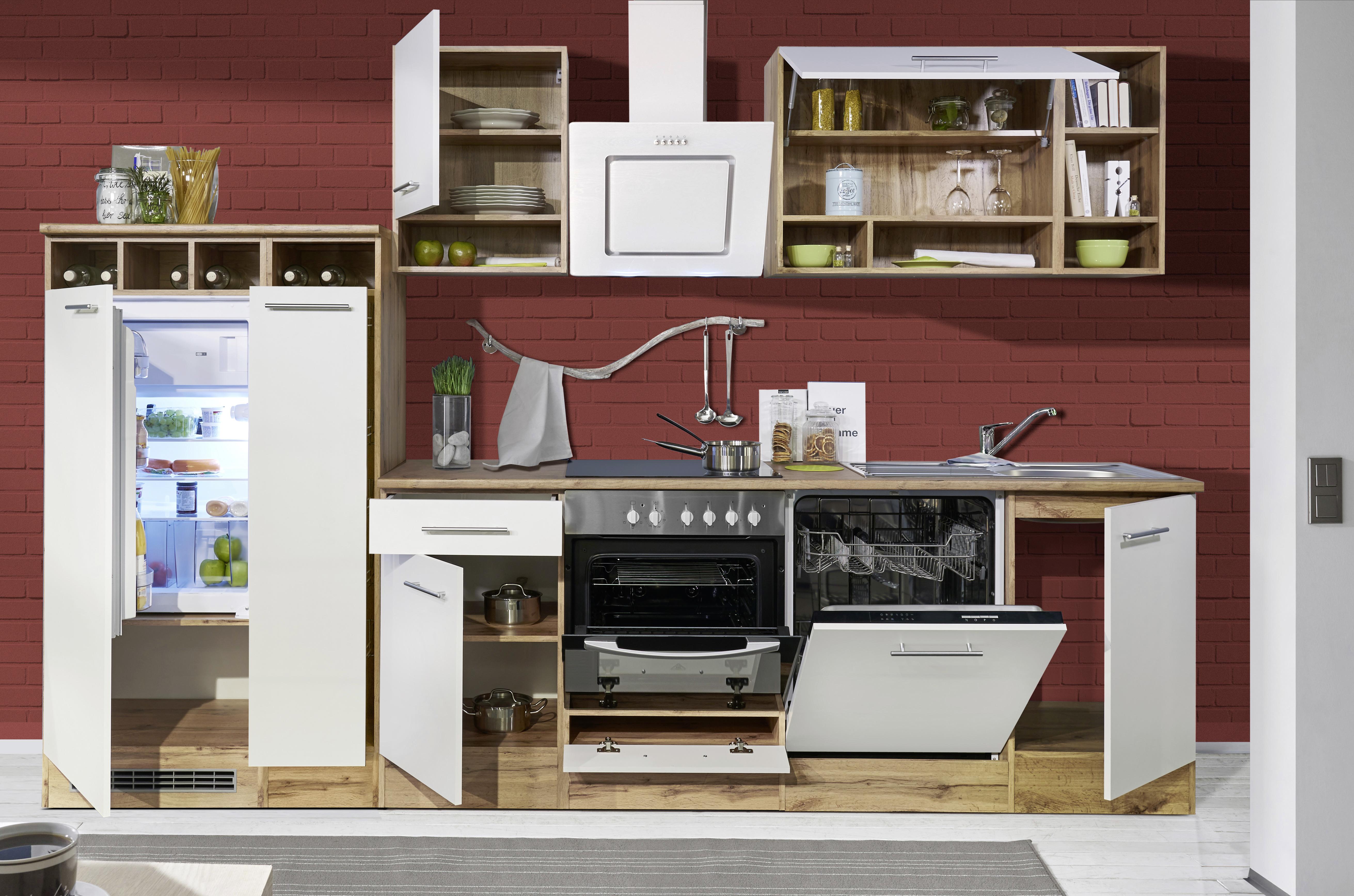 Küchenzeile Economy mit Geräten 310 cm Weiß/Wildeiche - Wildeiche/Weiß, Basics, Holzwerkstoff (310cm) - Respekta