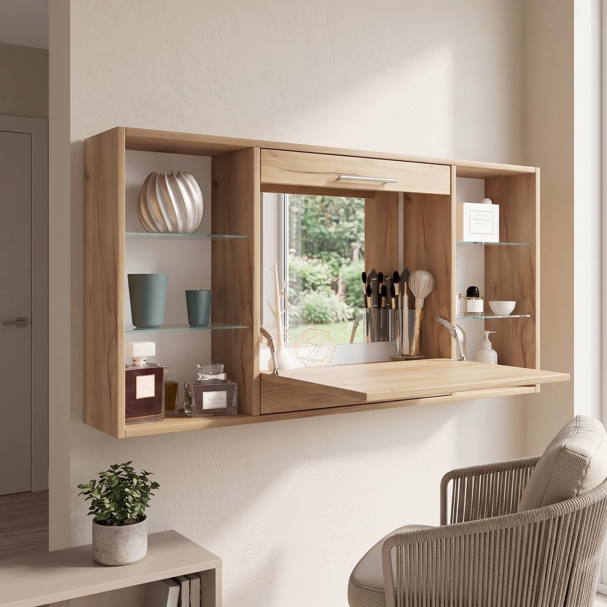 Nástenný regál so zrkadlom š: 115 cm, dub medový - dub medový/hliníková, Modern, kov/kompozitné drevo (112/60/19,7cm) - MID.YOU