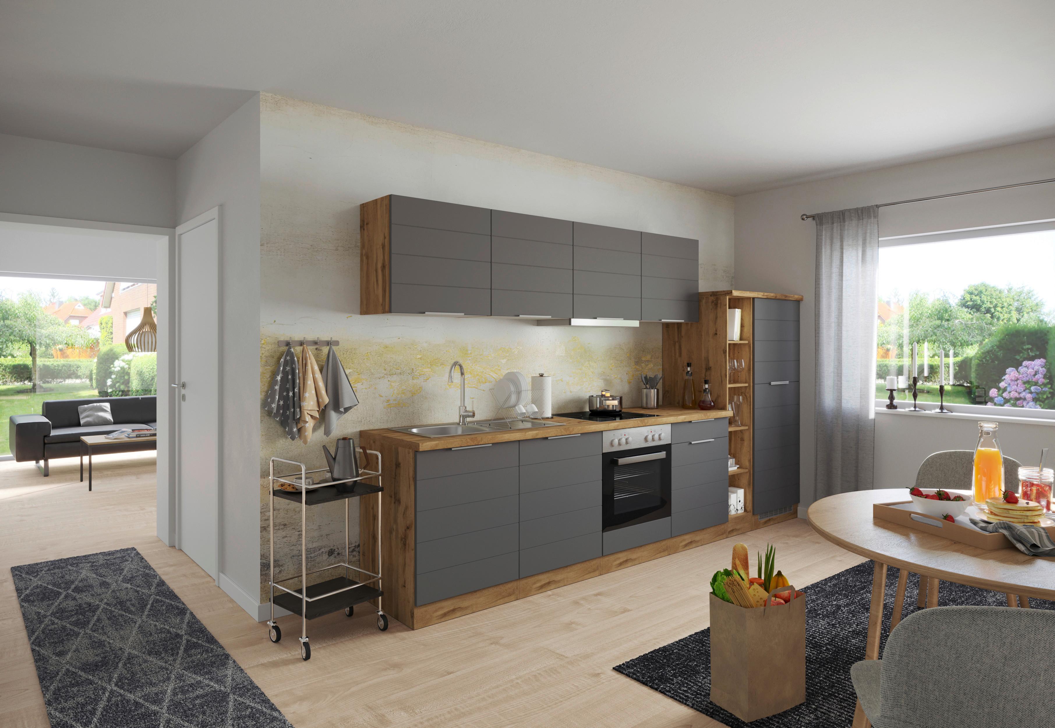 Eckküche FLORENZ mit Herdumbauschrank in Grau und Eiche Dekor