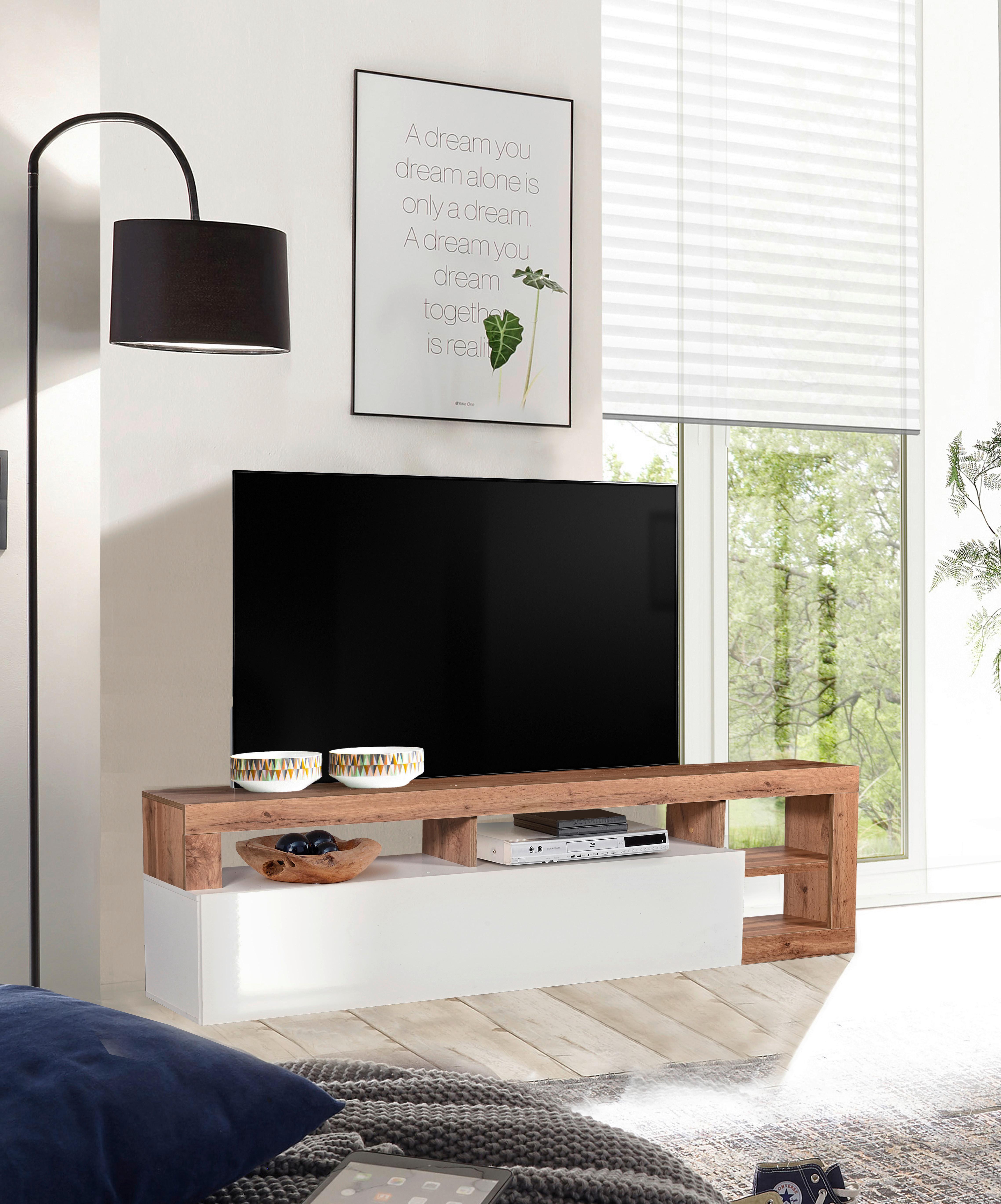 Komoda pod televizi DALLAS - dub wotan/vysoce lesklá bílá, Basics, kompozitní dřevo (185/58/42cm) - Ti'me