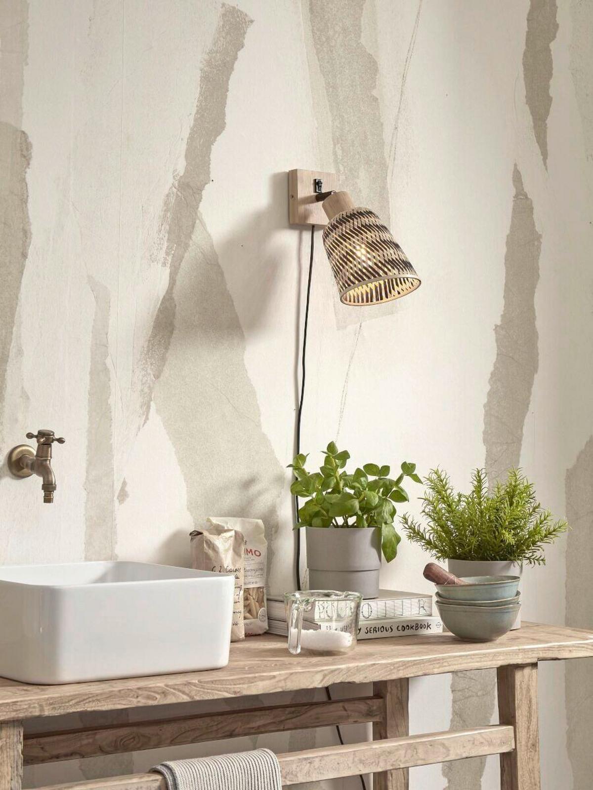 WANDLEUCHTE JAVA/W/N/15/BN - Schwarz/Naturfarben, Trend (15/15/22cm) - Good & Mojo