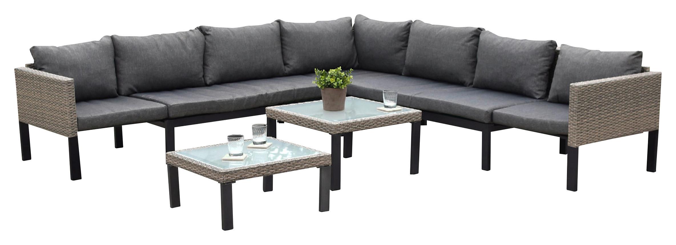 Loungegarnitur 3-tlg Amantea Metall/Kunststoff mit Kissen - Beige, MODERN, Glas/Kunststoff (200/200cm) - Gardenson