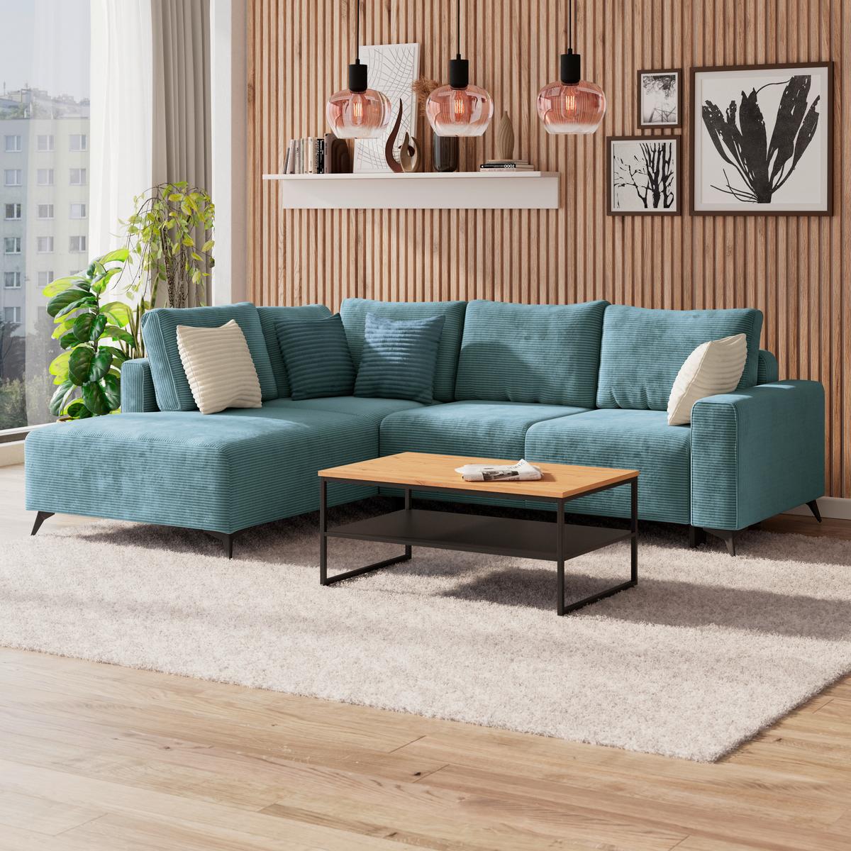 Ecksofa mit Schlaffunktion Lincoln Blau Cord 212x270 cm - Blau/Schwarz, MODERN, Textil (212/270cm)