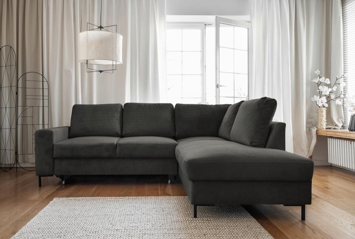 Sedačka LEONIE L, pravá, sivý menčester - čierna/sivá, Design, kov/drevo (237/197cm)