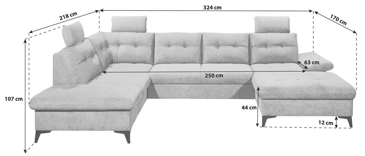 Wohnlandschaft Durban Mit Bettfunktion Grau - Schwarz/Grau, KONVENTIONELL, Textil (218/324/170cm) - MID.YOU