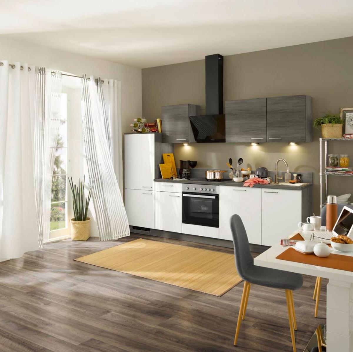 Küchenzeile Win/Plan Mit Geräten 280 cm Weiß/Grau/Eiche - Basics, Holzwerkstoff (280cm) - Express