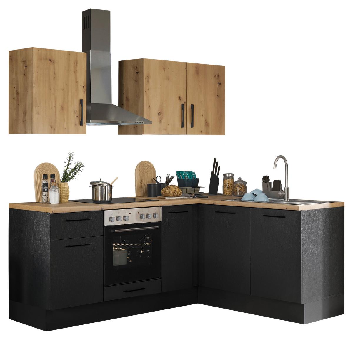 Eckküche Turin Schwarz/Eiche Dekor 210x165 cm - Schwarz/Eiche Artisan, Basics, Holzwerkstoff (210/165cm) - MID.YOU