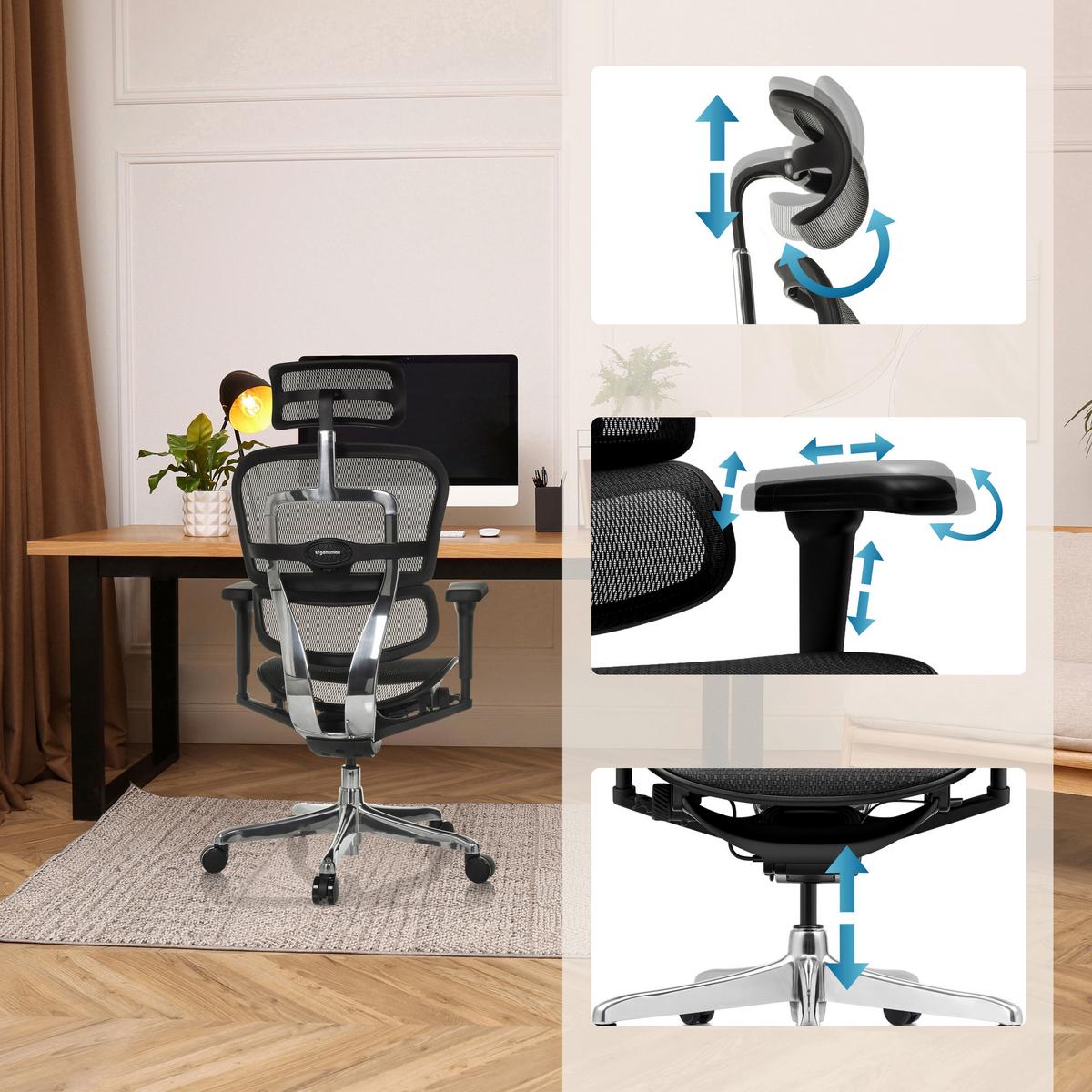 Drehstuhl Ergohuman Ultra Gen2 Schwarz B: 65 cm - Silberfarben/Schwarz, MODERN, Kunststoff/Textil (65/132/60cm) - MID.YOU