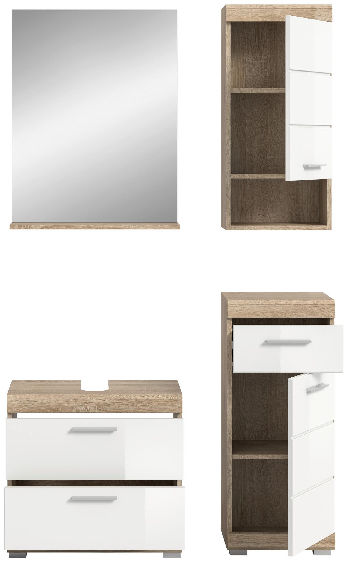 Badezimmer Lambada Eiche Dekor/weiß B: 97 Cm - Weiß Hochglanz/Silberfarben, MODERN, Glas/Holzwerkstoff (97cm) - MID.YOU