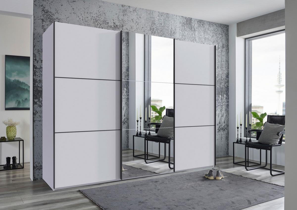 Schwebetürenschrank Indian A Weiß Dekor/spiegel, B: 300cm - Weiß, KONVENTIONELL, Glas/Holzwerkstoff (300/216/65cm)