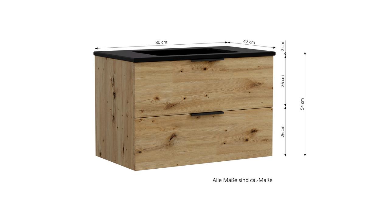 Waschtischkombi Sevilla Eiche Artisan, Schwarz - Schwarz/Eiche Artisan, MODERN, Keramik/Holzwerkstoff (80/54/47cm) - Held