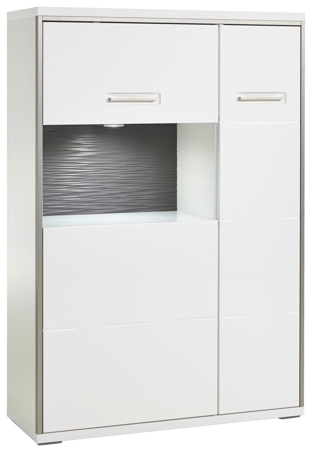 Highboard B: 94 Trento Grau/silberfarben/weiß - Weiß Hochglanz/Silberfarben, Design, Glas/Holzwerkstoff (94/137/38cm) - Livetastic