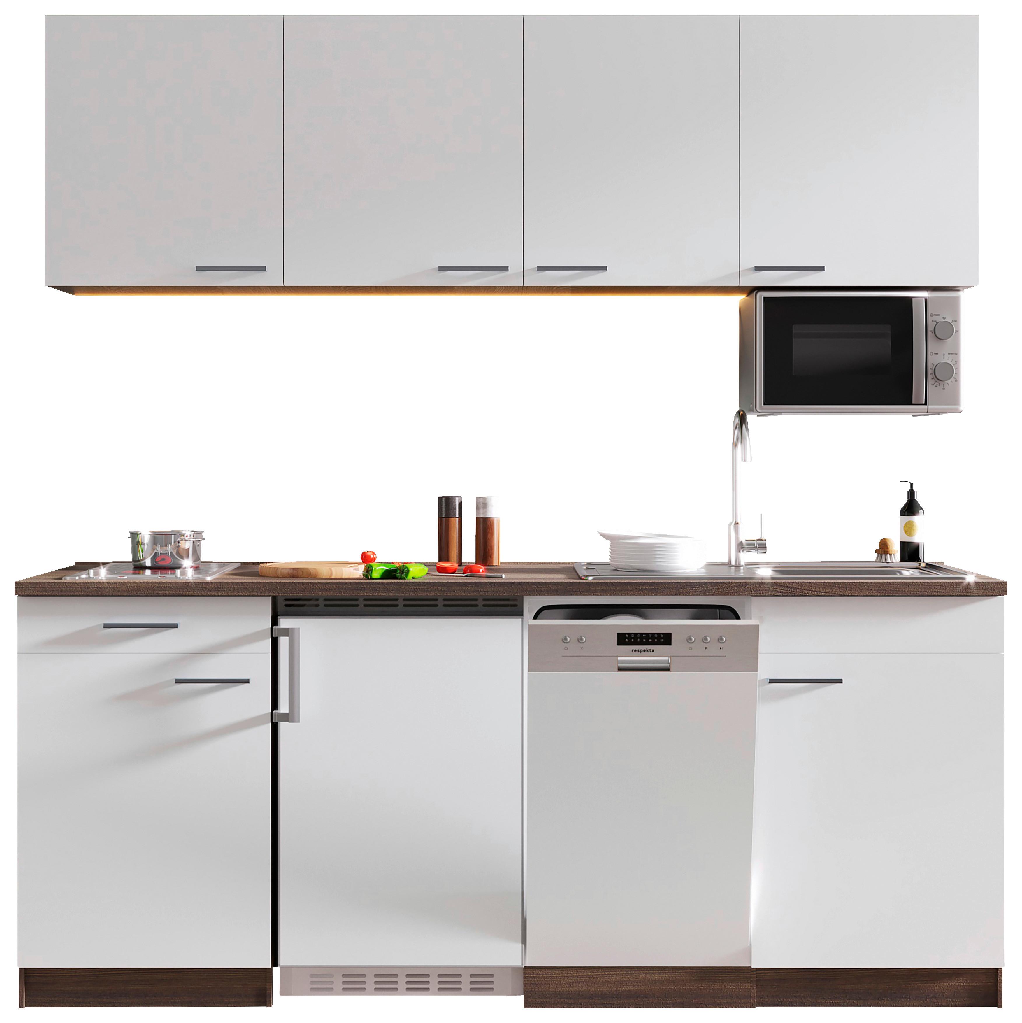 Küchenzeile Economy mit Geräten 195 cm Weiß/Eiche Dekor Modern - Eichefarben/Weiß, Basics, Holzwerkstoff (195cm) - Respekta