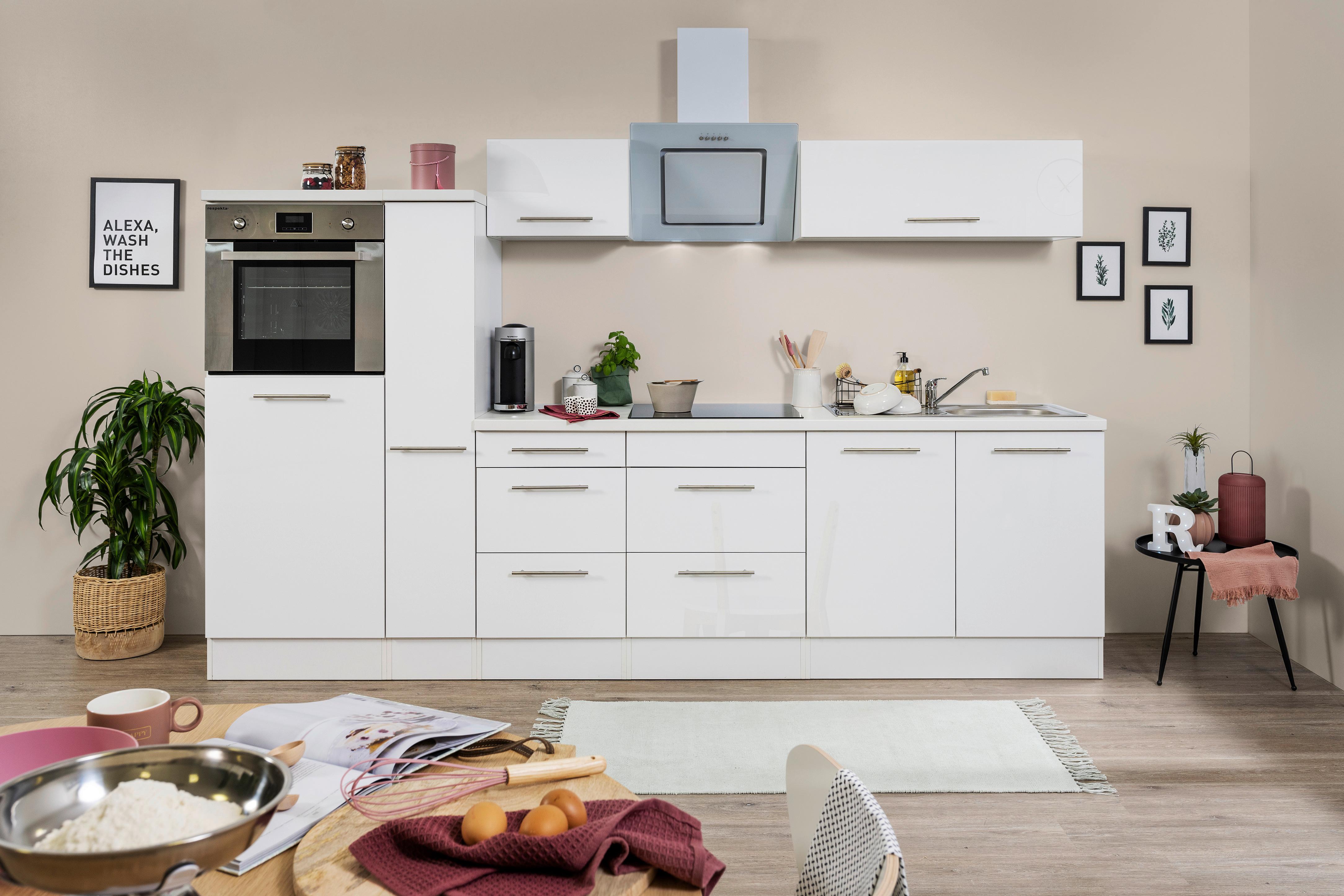 Küchenzeile mit Geräten 300 cm Weiß Hochglanz - Weiß, KONVENTIONELL, Holzwerkstoff (300cm) - Respekta