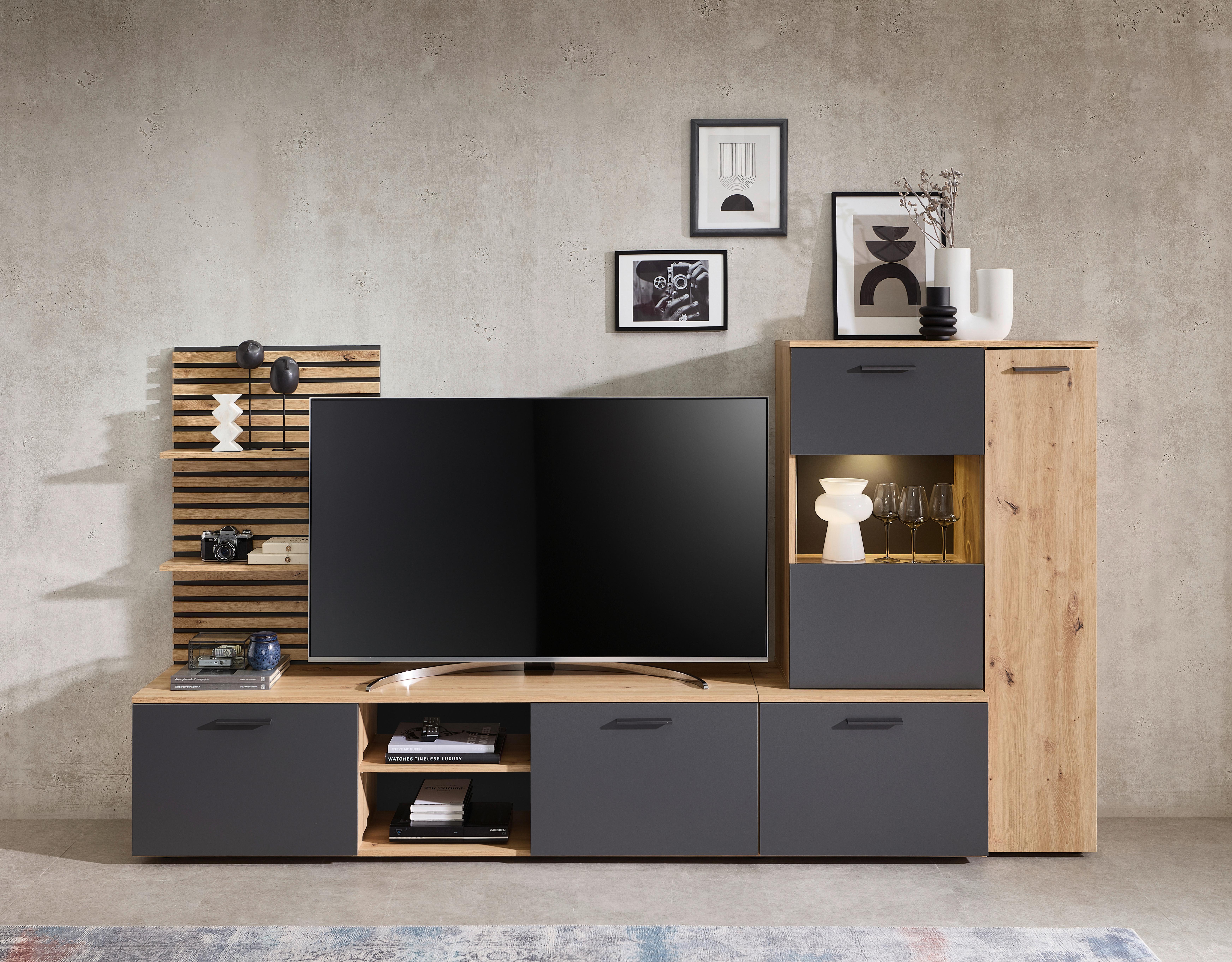 Wohnwand Heathrow, Anthrazit, Eiche Artisan Dekor,b: 250 cm - Anthrazit/Schwarz, Design, Glas/Holzwerkstoff (250/135/38cm) - MID.YOU
