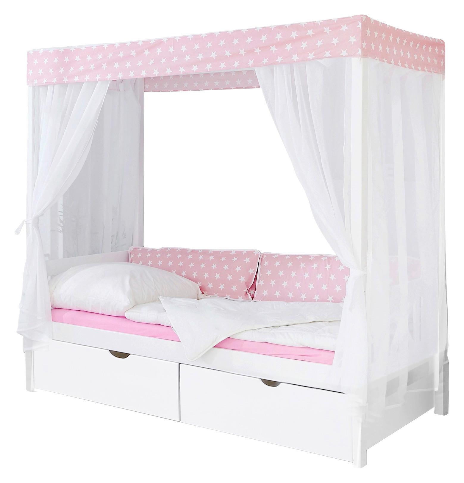 Posteľ s nebesami LINO záves ružovo-biely - biela/ružová, Modern, drevo (90/200cm) - MID.YOU