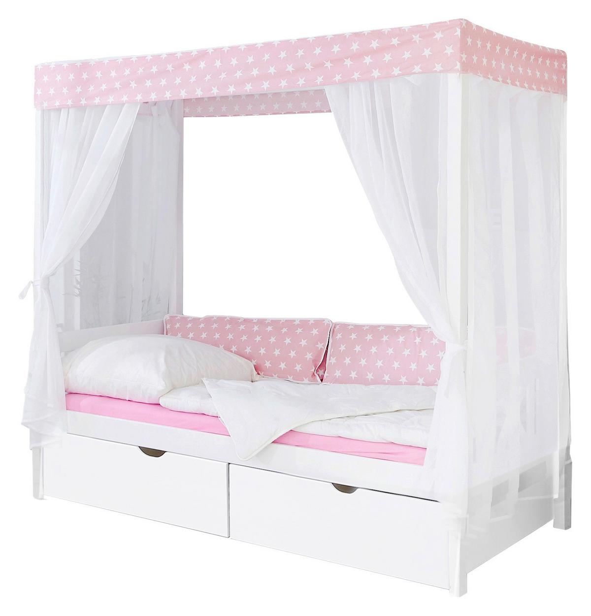 Posteľ s nebesami LINO záves ružovo-biely - biela/ružová, Modern, drevo (90/200cm) - MID.YOU