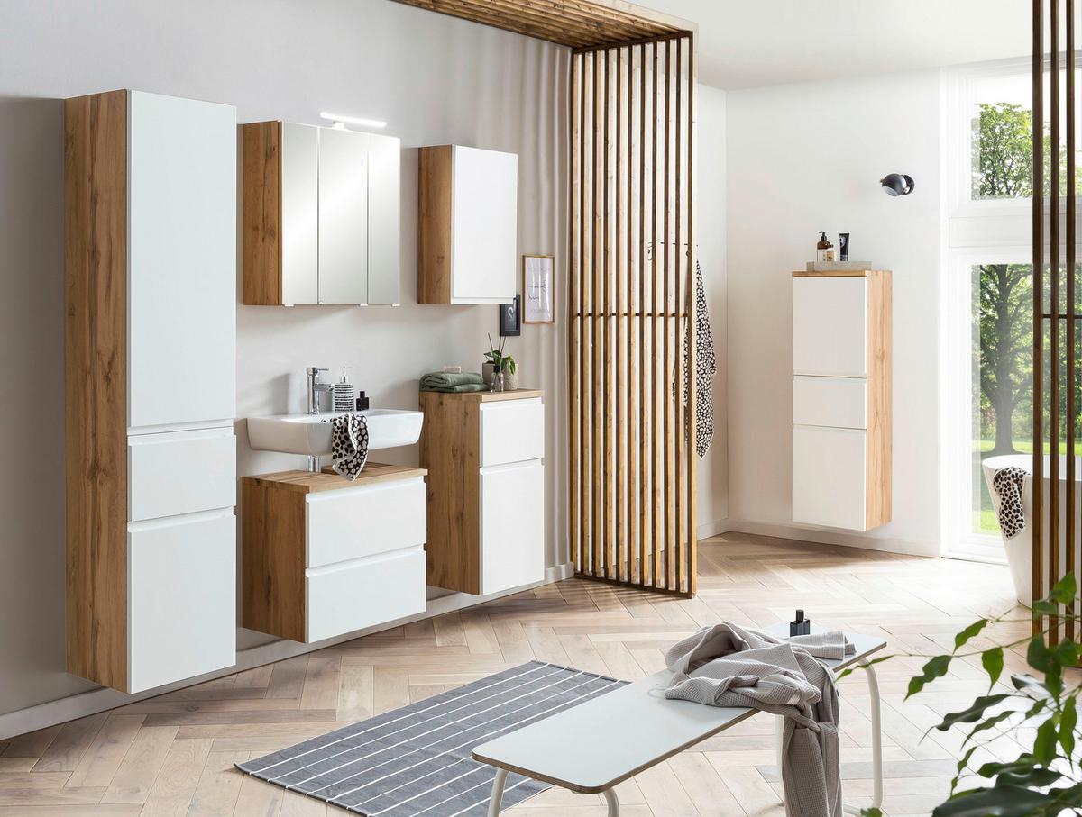 Badezimmer Hochschrank Varese BxH 40x180 cm Weiß/Eiche Dekor - Eiche Wotan/Weiß, MODERN, Holzwerkstoff (40/180/35cm) - Held