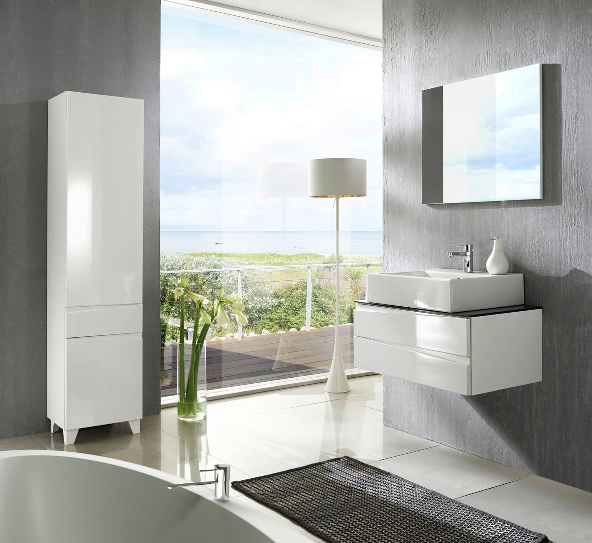 Waschbeckenunterschrank Shape B: 80cm Weiß Hochglanz - Weiß Hochglanz/Grau, MODERN, Glas/Holzwerkstoff (80/33/47cm) - MID.YOU